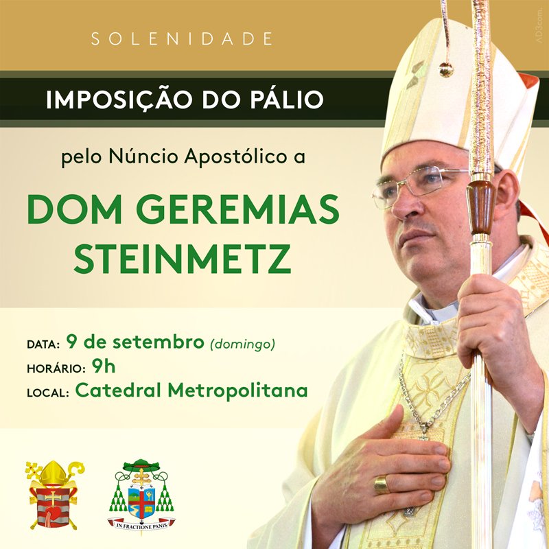 Dom Geremias receberá imposição do “Pálio” das mãos do Núncio Apostólico do Brasil