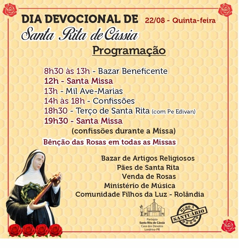 Paróquia Santa Rita celebra dia devocional no próximo 22 de agosto